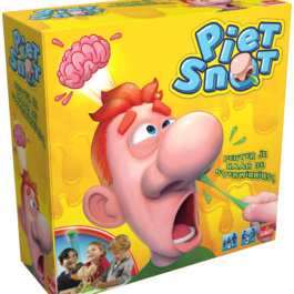 De doos van het grappige kinderspel Piet Snot vanuit een linkerhoek