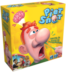 De doos van het grappige kinderspel Piet Snot vanuit een linkerhoek