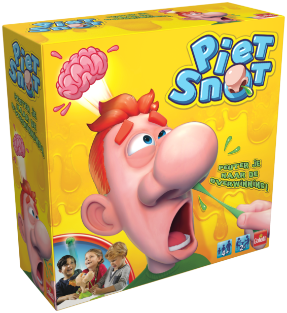 De doos van het grappige kinderspel Piet Snot vanuit een linkerhoek
