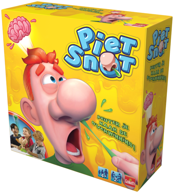 De doos van het grappige kinderspel Piet Snot vanuit een rechterhoek