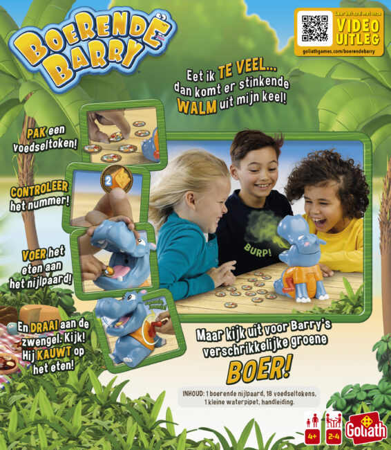 De achterkant van de doos van het grappige kinderspel Boerende Barry