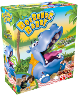 De doos van het grappige kinderspel Boerende Barry vanuit een linkerhoek