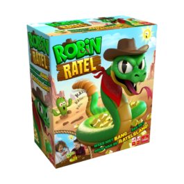 De doos van het spannende kinderspel Robin Ratel vanuit een rechterhoek