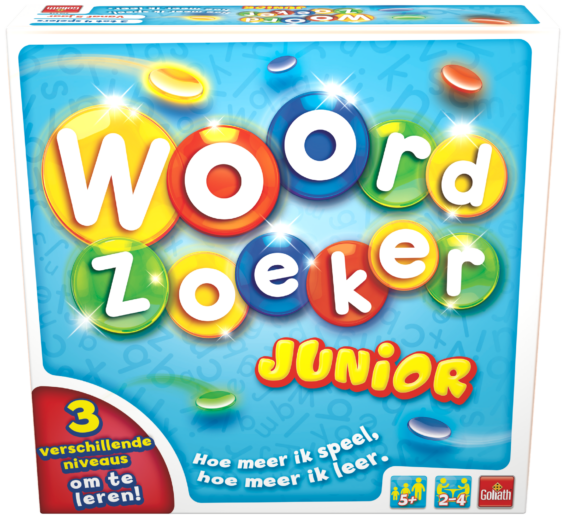 De voorkant van de doos van het kinderspel Woordzoeker Junior