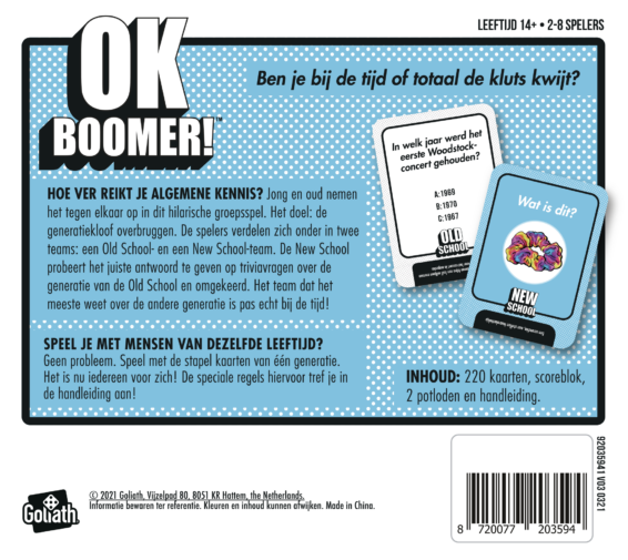 De achterkant van de doos van het trivia partyspel OK Boomer