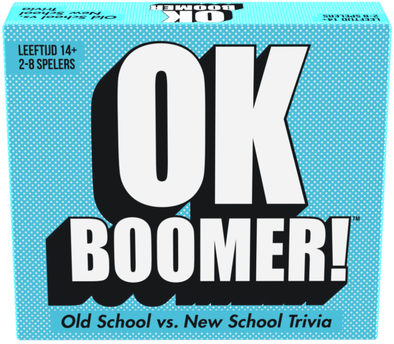 De voorkant van de doos van het trivia partyspel OK Boomer