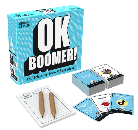 De doos met de inhoud van het trivia partyspel OK Boomer
