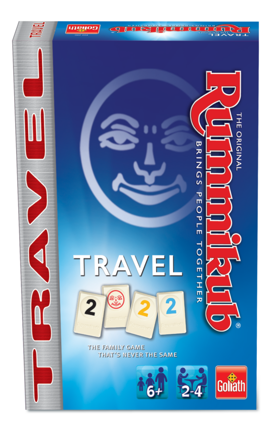 De voorkant van de doos van het strategische reis spel Rummikub Travel