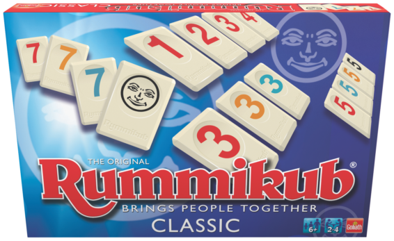 De voorkant van de doos van het strategische bordspel Rummikub Classic