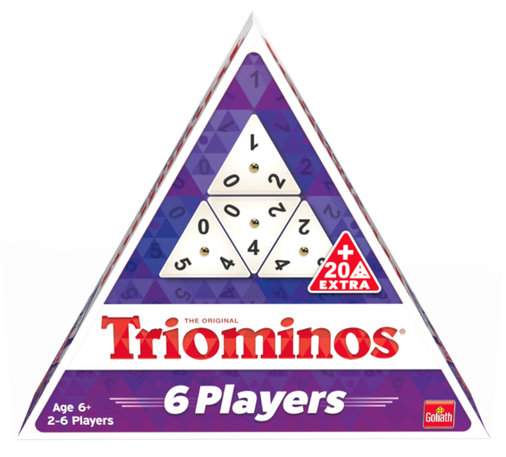 De voorkant van de doos van het strategische spel Triominos 6 Players