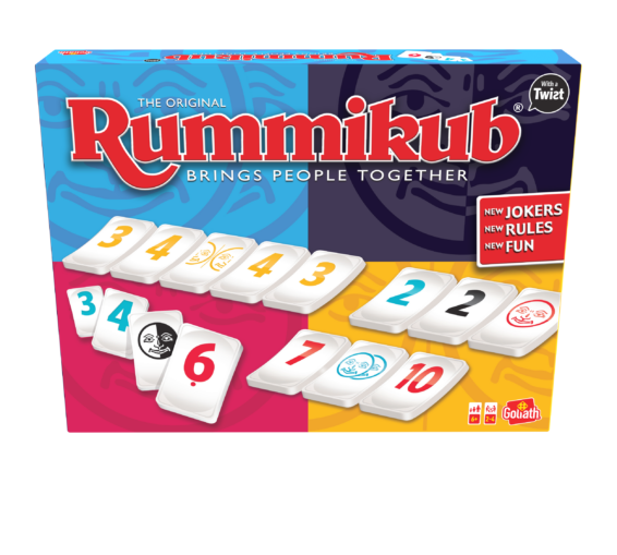 De voorkant van de doos van het strategische bordspel Rummikub Twist