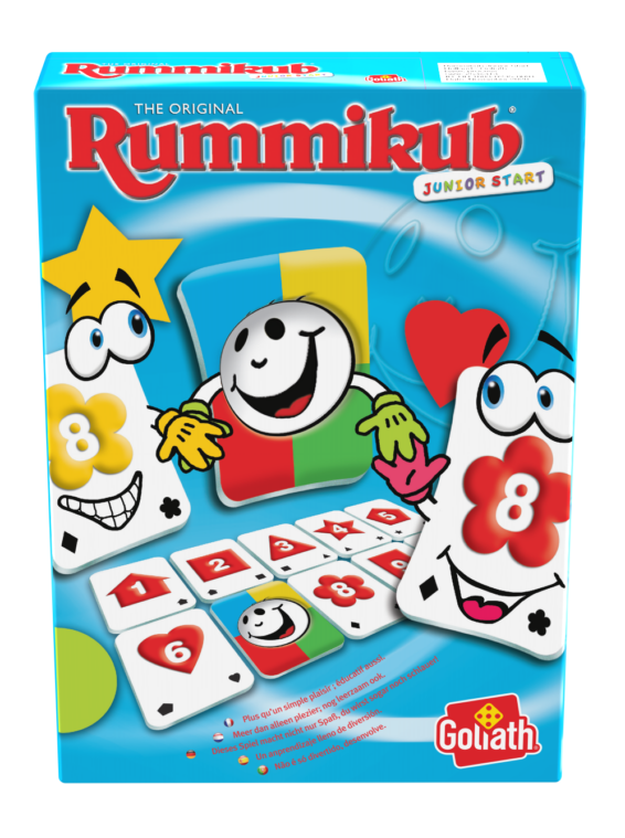 De voorkant van de doos van het leerzame kinderspel Rummikub Junior Travel
