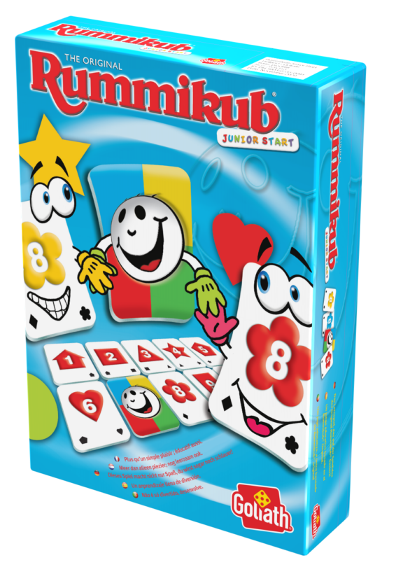 De doos van het leerzame kinderspel Rummikub Junior Travel vanuit een rechterhoek