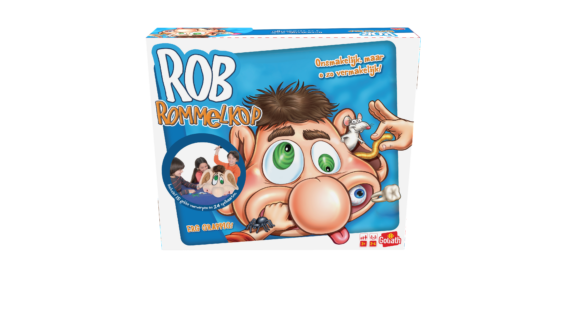 De voorkant van de doos van het grappige kinderspel Rob Rommelkop