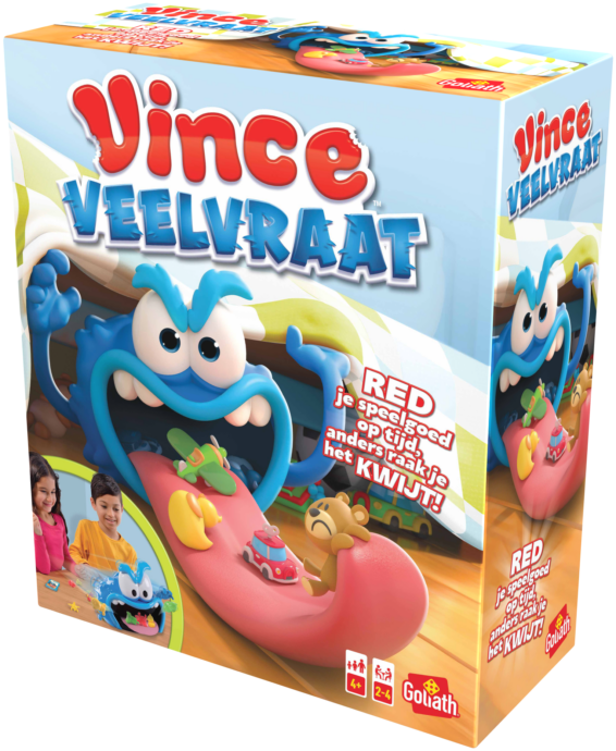 De doos van het kinderspel Vince Veelvraat vanuit een rechterhoek