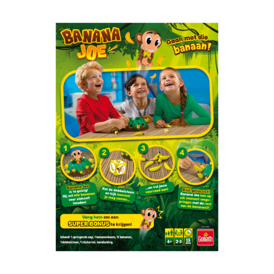 De achterkant van de doos van het kinderspel Banana Joe