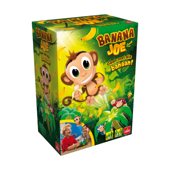 De doos van het kinderspel Banana Joe vanuit een linkerhoek