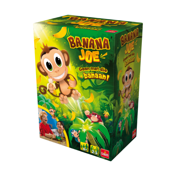 De doos van het kinderspel Banana Joe vanuit een rechterhoek
