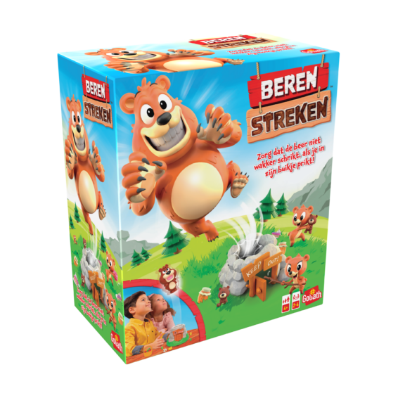 De doos van het kinderspel Berenstreken vanuit een linkerhoek