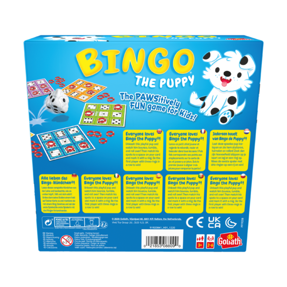 De achterkant van de doos van het leerzame kinderspel Bingo De Puppy