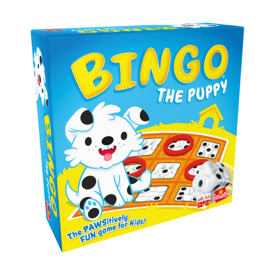 De doos van het leerzame kinderspel Bingo De Puppy vanuit een linkerhoek