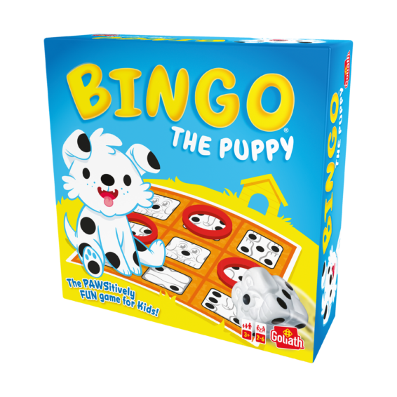 De doos van het leerzame kinderspel Bingo De Puppy vanuit een rechterhoek