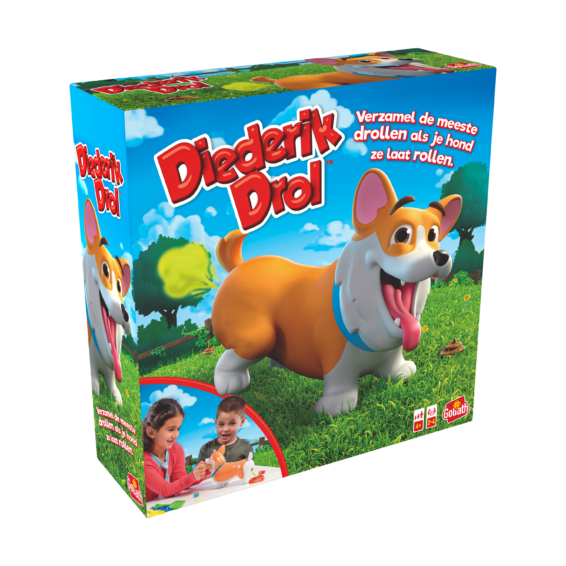 De doos van het grappige kinderspel Diederik Drol vanuit een linkerhoek
