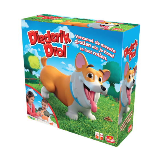 De doos van het grappige kinderspel Diederik Drol vanuit een rechterhoek
