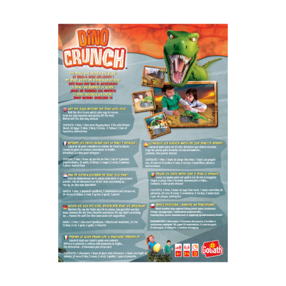De achterkant van de doos van het spannende kinderspel Dino Crunch