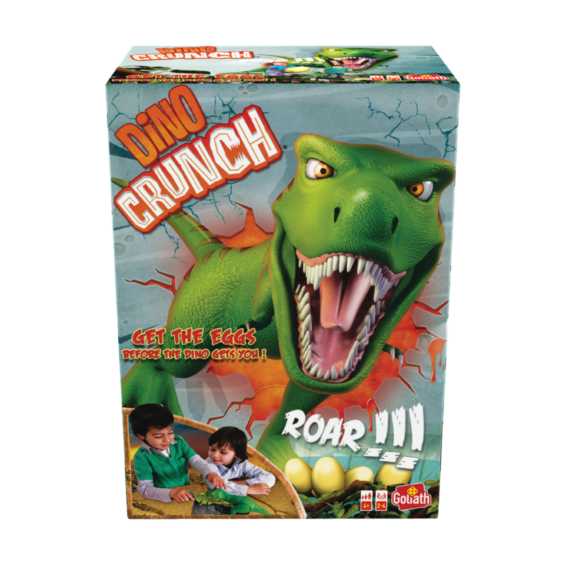 De voorkant van de doos van het spannende kinderspel Dino Crunch