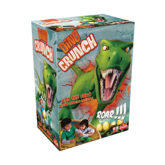 De doos van het spannende kinderspel Dino Crunch vnauit een linkerhoek