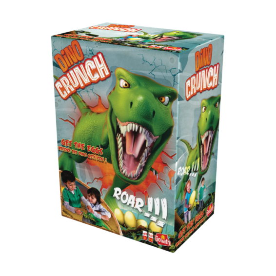 De doos van het spannende kinderspel Dino Crunch vanuit een rechterhoek