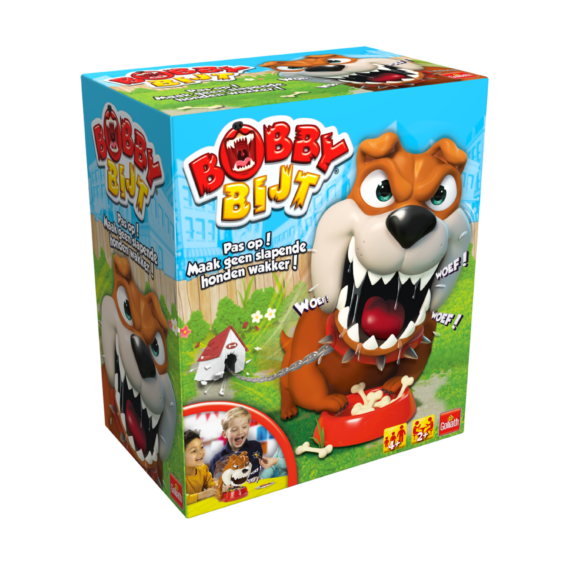 De doos van het kinder actiespel Bobby Bijt vanuit een linkerhoek