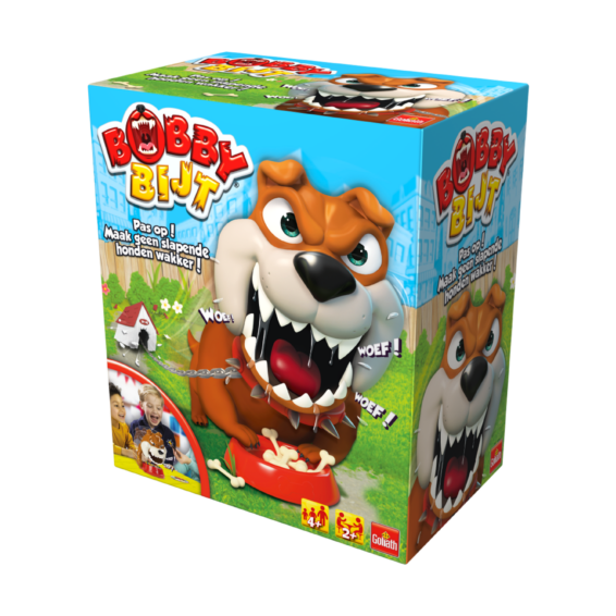 De doos van het kinder actiespel Bobby Bijt vanuit een rechterhoek