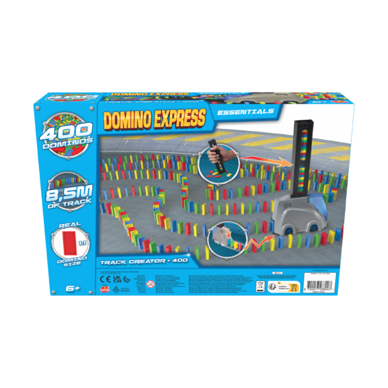 De achterkant van de doos van de Domino Express Track Creator + 400 Stenen