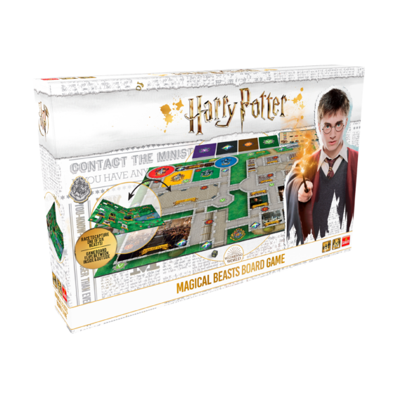 De doos van het strategische bordspel Harry Potter Magical Beasts vanuit een linkerhoek