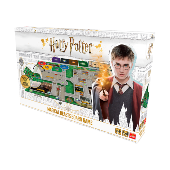 de doos van het bordspel Harry Potter Magical Beasts vanuit een rechterhoek