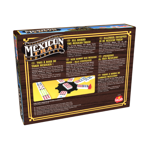 De achterkant van de doos van het bordspel Mexican Train