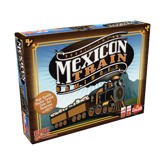 De doos van het spel Mexican Train vanuit een linkerhoek