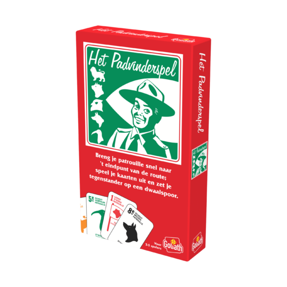 De doos van het kaartspel Padvinderspel vanuit een rechterhoek