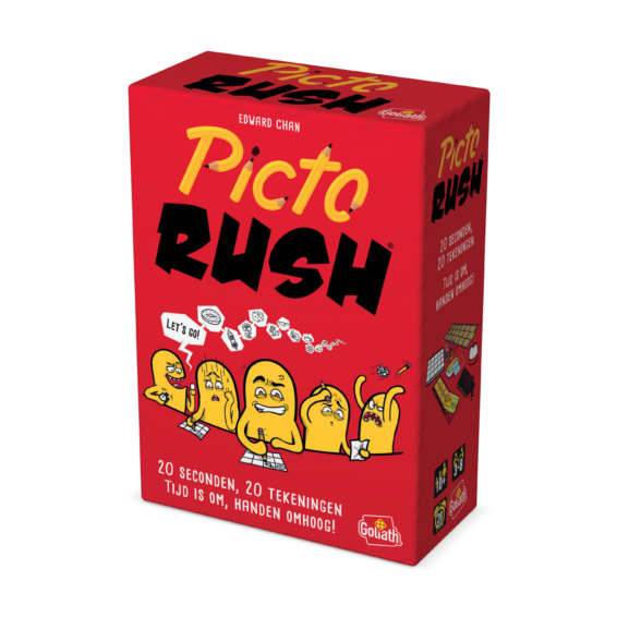 De doos van het partyspel Picto Rush vanuit een rechterhoek