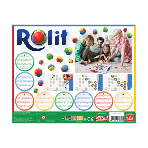 De achterkant van de doos van het strategische bordspel Rolit