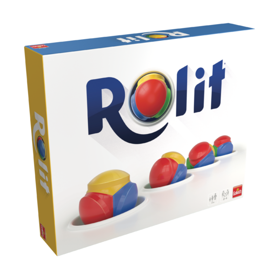 De doos van het strategische bordspel Rolit vanuit een linkerhoek