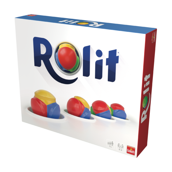 De doos van het strategische bordspel Rolit vanuit een rechterhoek