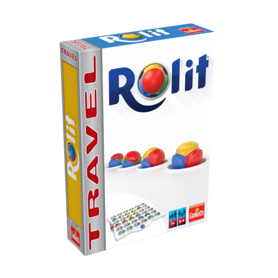 De doos van het strategische bordspel Rolit Travel vanuit een linkerhoek