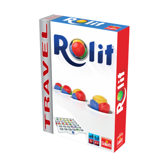 De doos van het strategische bordspel Rolit Travel vanuit een rechterhoek