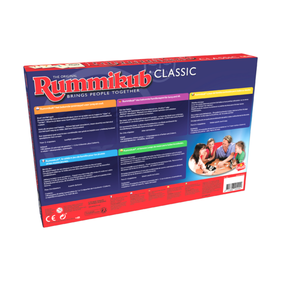 De achterkant van de doos van het strategische bordspel Rummikub Classic