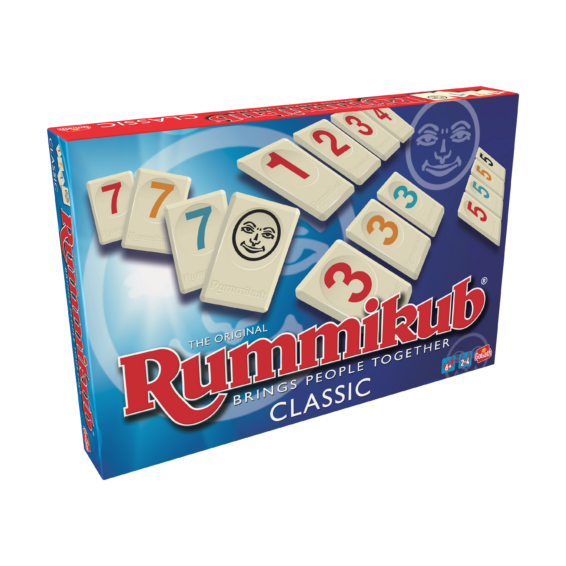 De doos van het strategische bordspel Rummikub Classic vanuit een linkerhoek