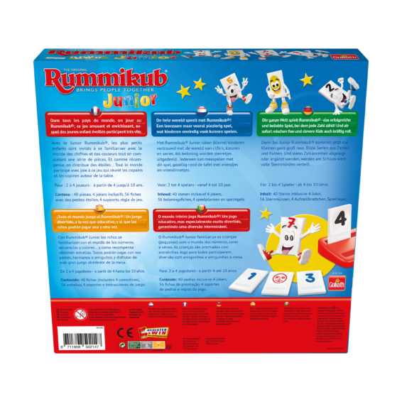 De achterkant van de doos van het kinderspel Rummikub Junior
