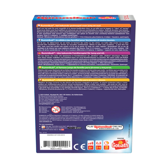De achterkant van de doos van het strategsiche reis spel Rummikub Travel